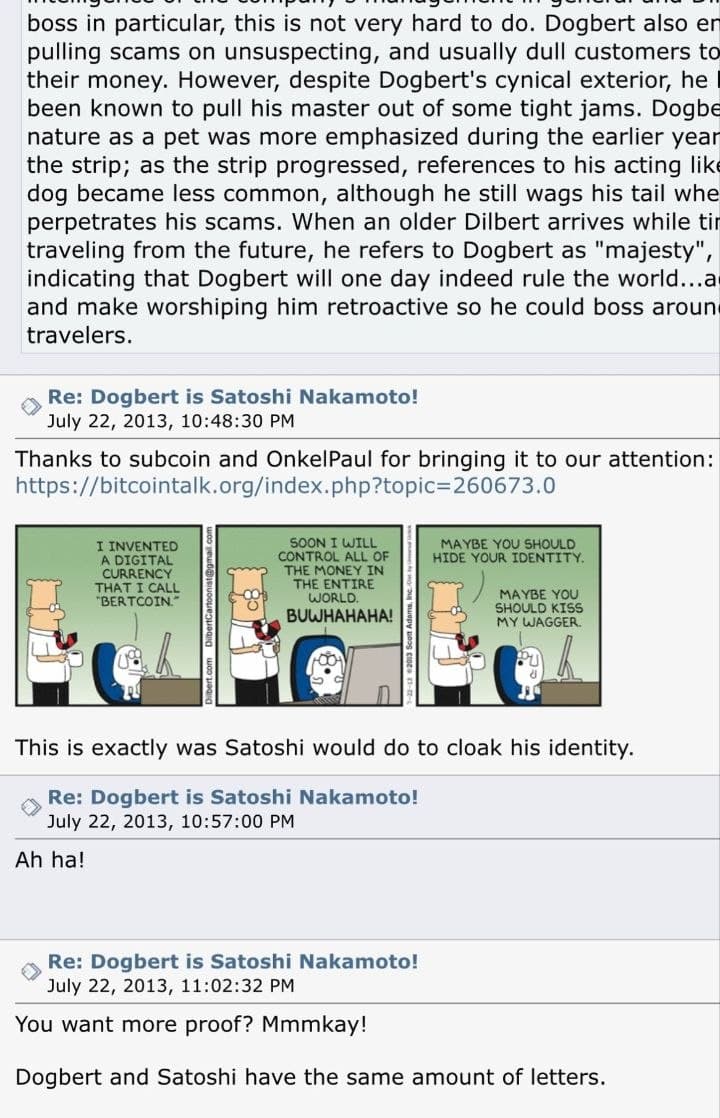 Archived BitcoinTalk thread #260841 — Dogbert is Satoshi Nakamoto